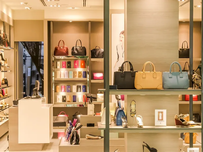 The interior of a small retail shop, goods arranged on lit display shelves.
