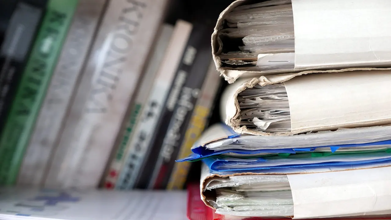 Ring binders of filed records stacked on a shelf, coloured dividers visible between the pages.